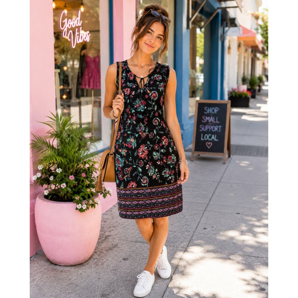 BeachLunchLounge Black Floral Midi Dress Sleeveless Boho Tassel Tie Rayon Large